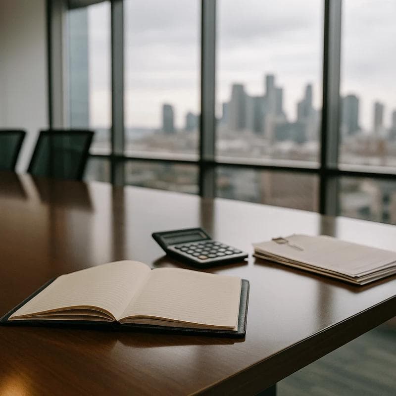 Conference table with binder calculator and documents symbolizing larger settlement negotiation tactic