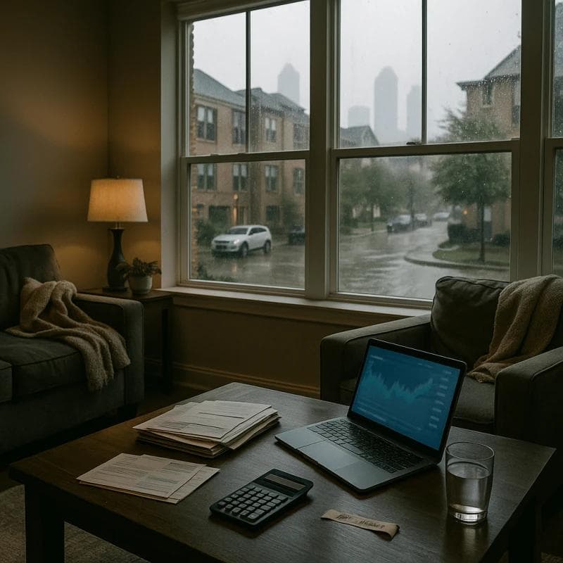 Houston townhouse living room on rainy day illustrating pre settlement funding in Houston helping accident victims manage bills during recovery