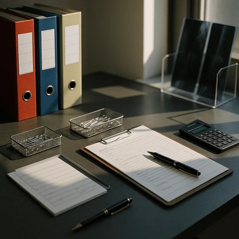 Sunlit organized binders, blank medical form, pen, and x-ray films highlighting key documents needed to maximize a car accident settlement