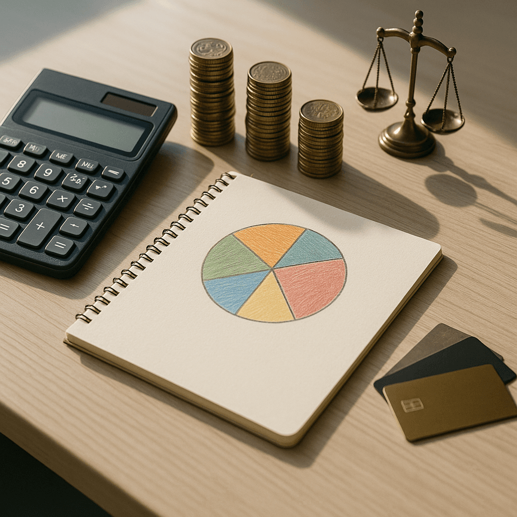 Office desk with coins, calculator, pie chart, and scales-of-justice representing setting a safe legal funding limit