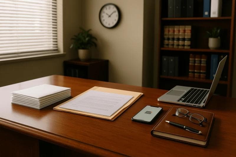 Realistic office desk scene symbolizing the process of tracking a personal injury settlement check, with legal documents, envelopes, and planner
