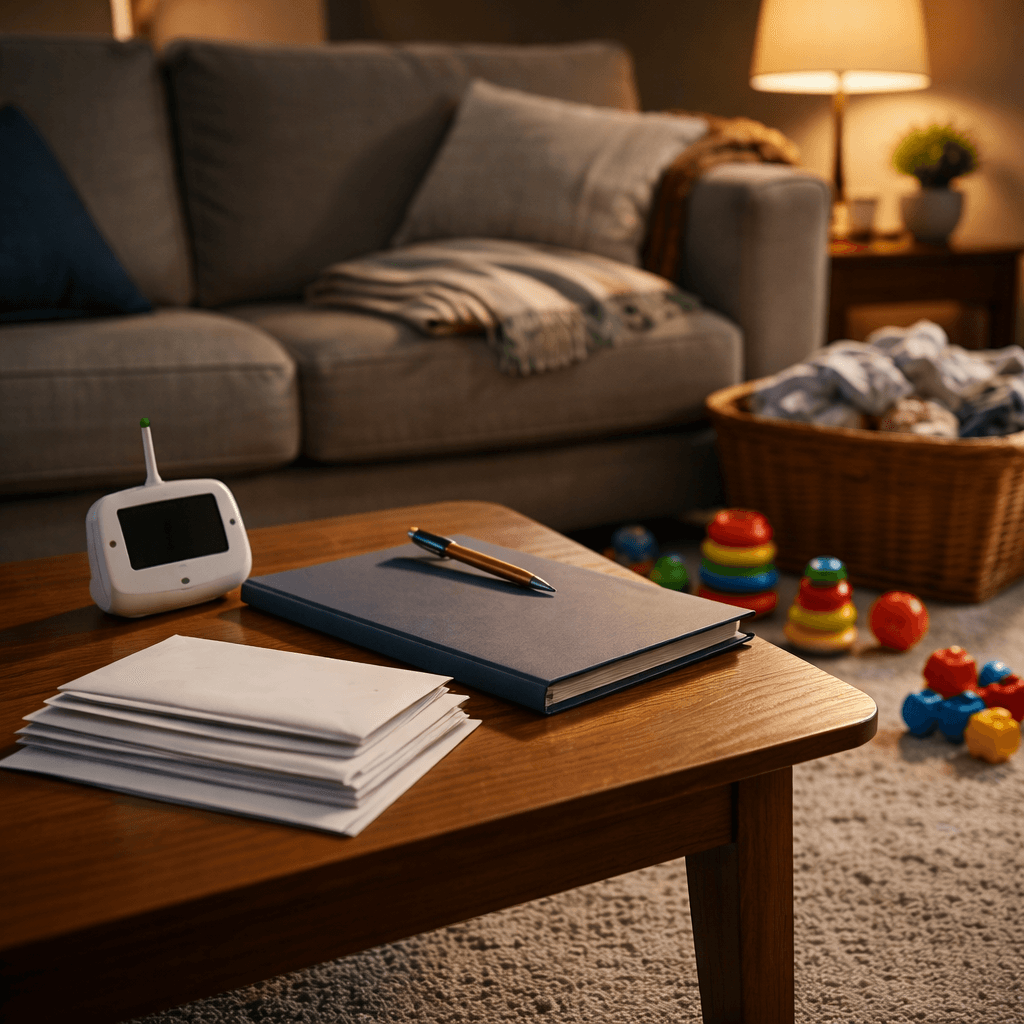 Living room with hidden bills, toys, and baby monitor representing how legal funding helps injured primary caregivers stay afloat