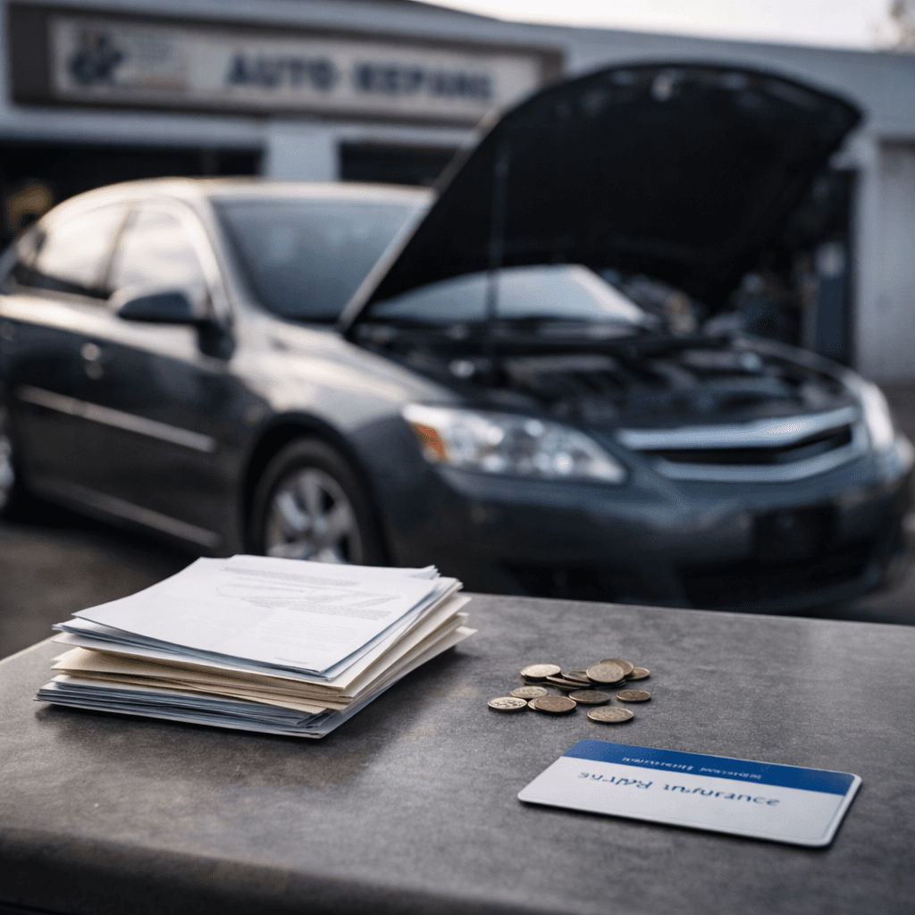 Car outside a repair shop with hidden medical bills and insurance card representing legal funding options when only med-pay coverage exists