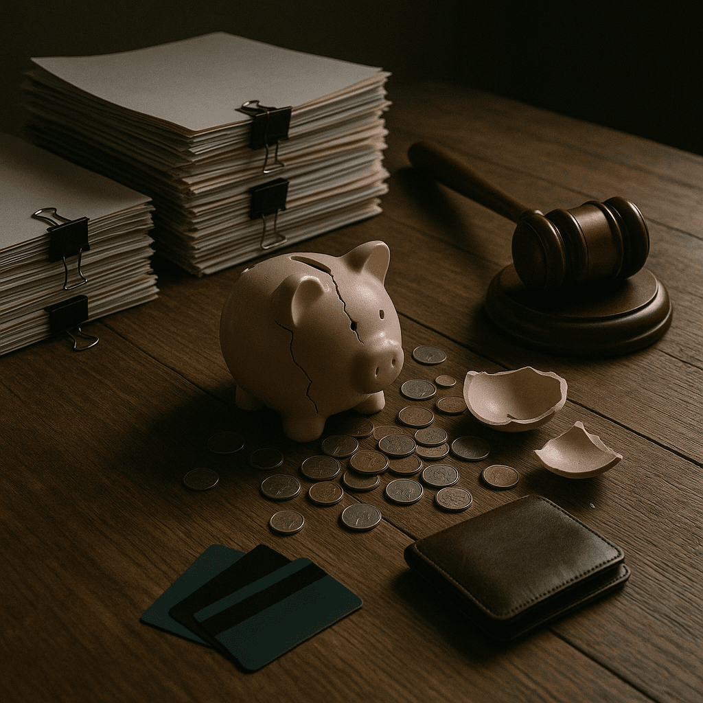 Broken piggy bank, credit cards, and legal papers on a table illustrating how legal funding interacts with bankruptcy and debt