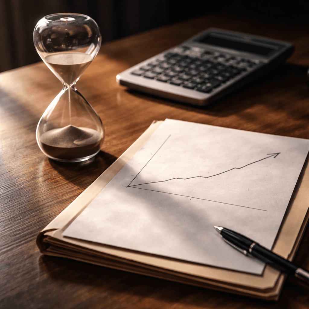 Hourglass, calculator, and graph on a desk illustrating calculating the true cost of legal funding over time.