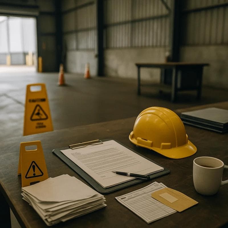 Empty industrial worksite with hard hat and clipboard symbolizing workplace injury claims and legal funding support