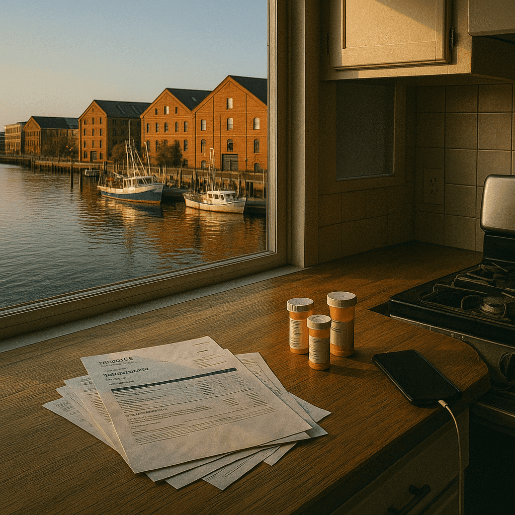 Maryland pre settlement funding concept with Baltimore scenery and household financial documents