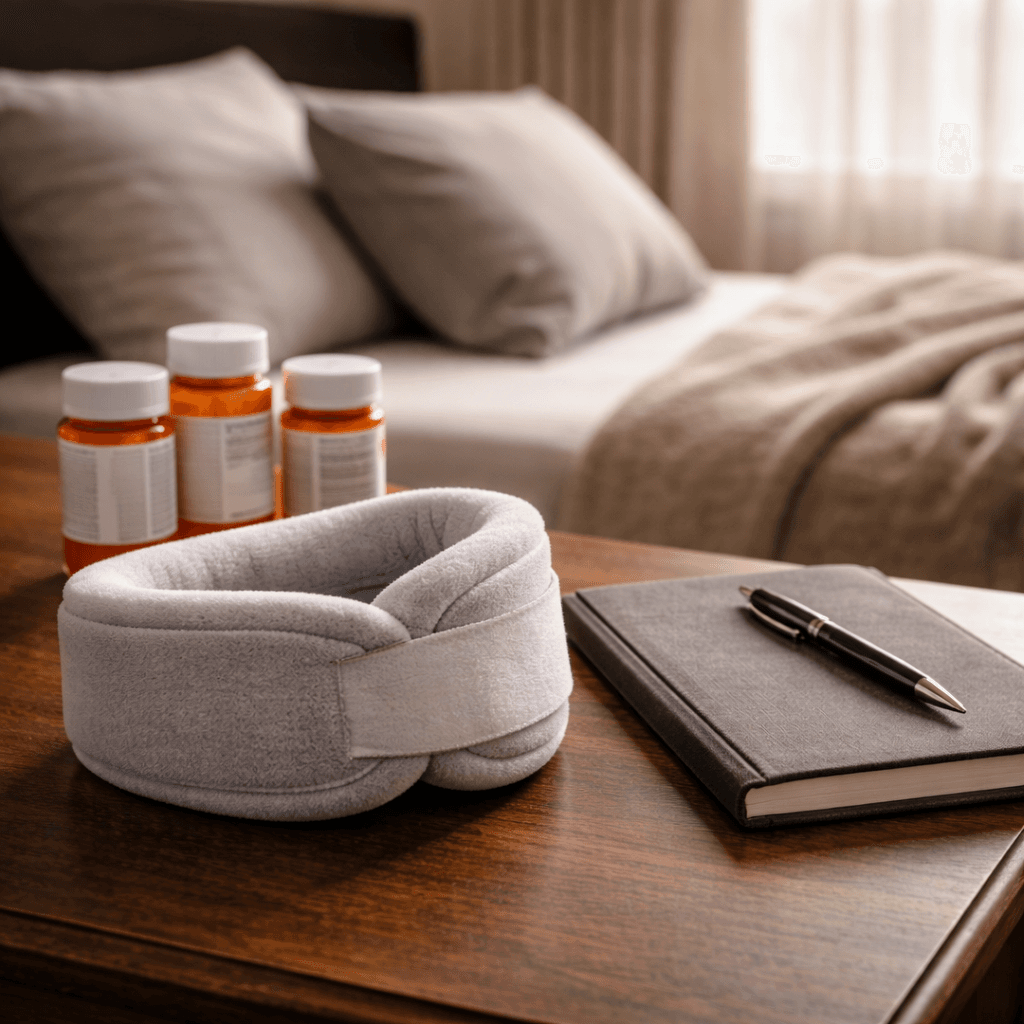 Bedside table with medication bottles, brace, and journal representing how funding affects pain and suffering settlement demands.