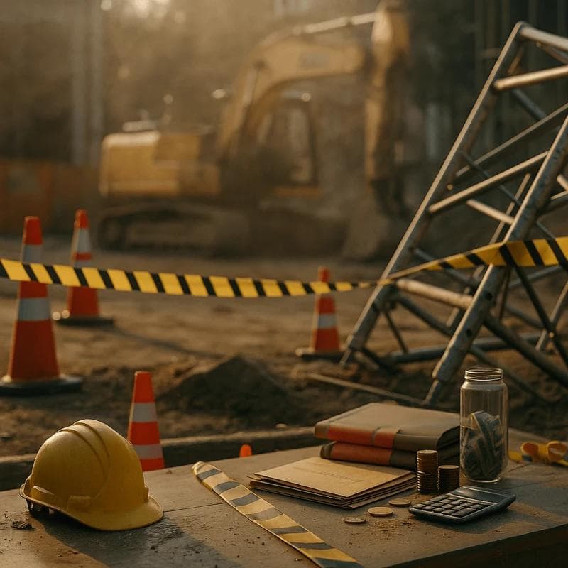 Construction accident funding support depicted with hard hat and damaged site equipment