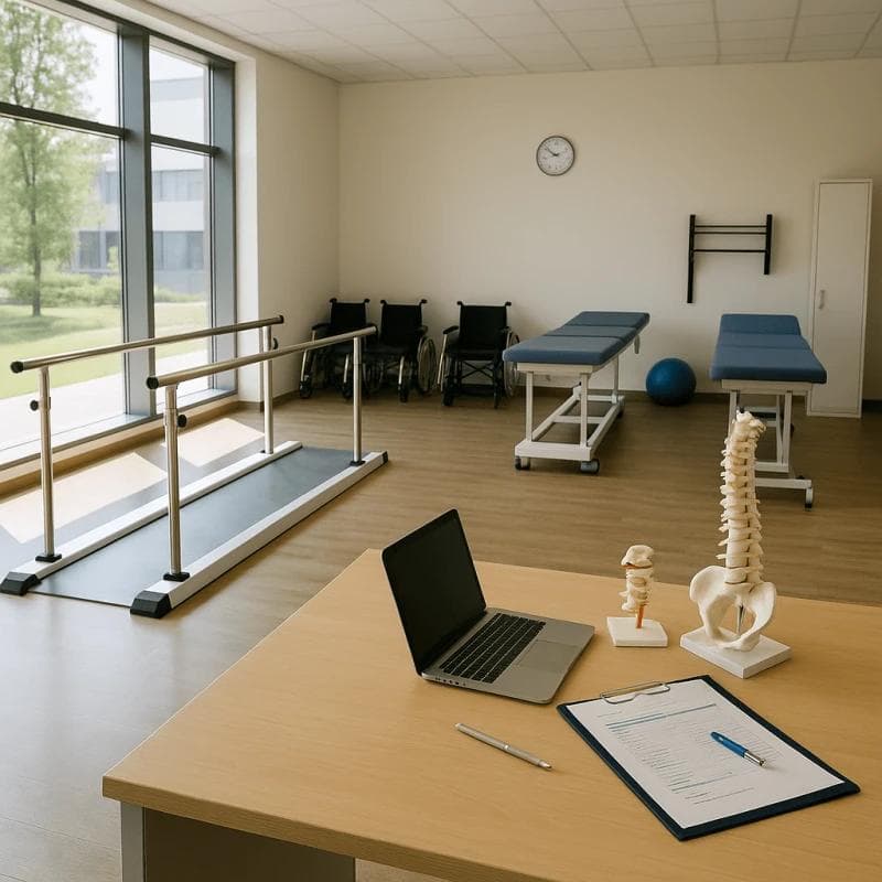 Spinal injury legal funding illustrated by realistic rehab clinic with advanced therapy equipment