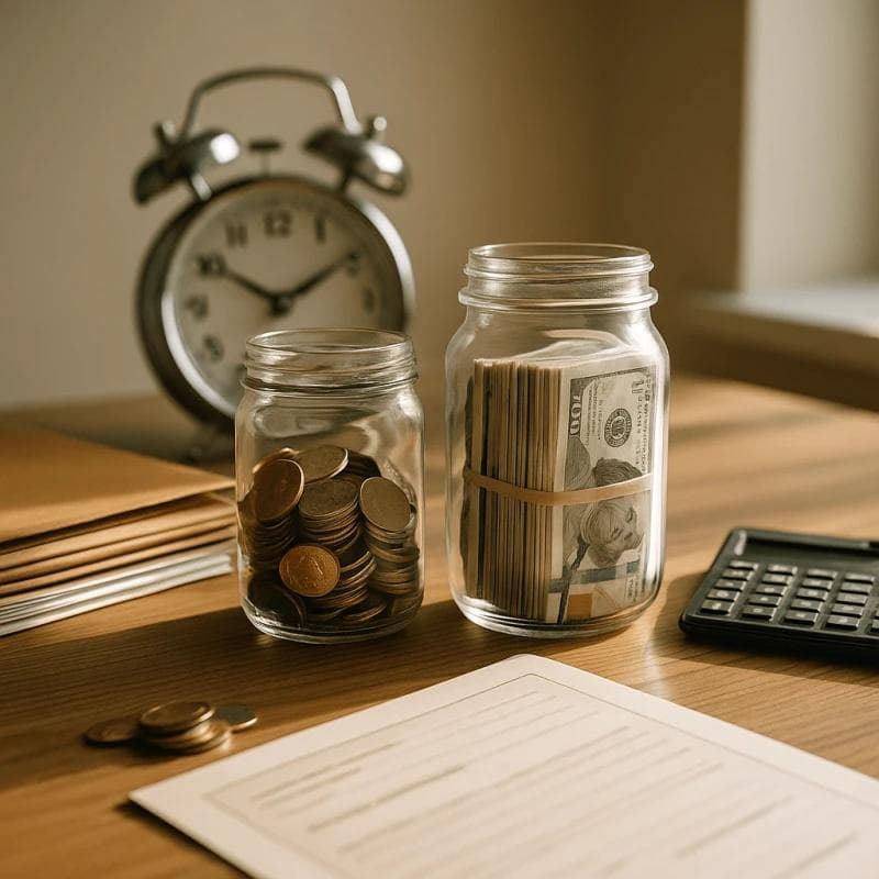 Compounding versus simple interest in lawsuit loans illustrated with money jars and clock