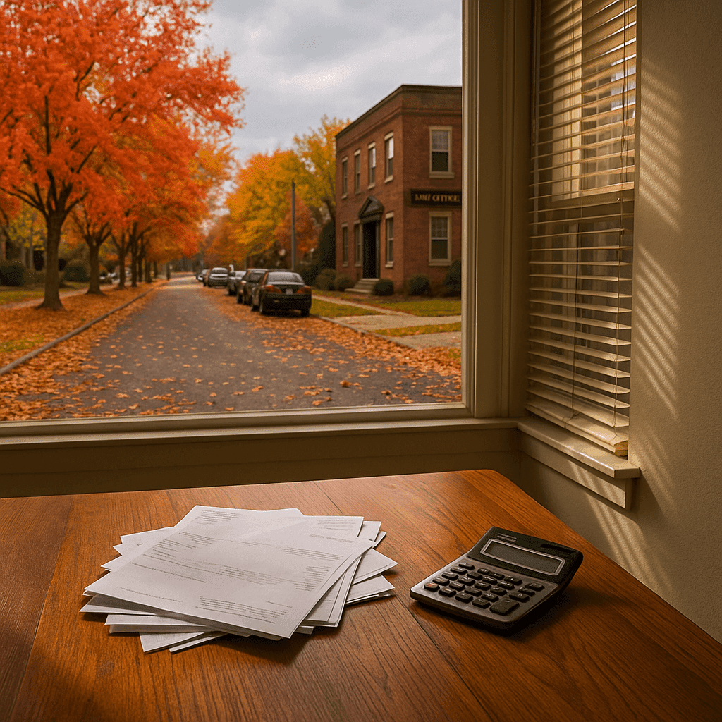Michigan pre settlement funding scene with bills on a table and Detroit streets in autumn