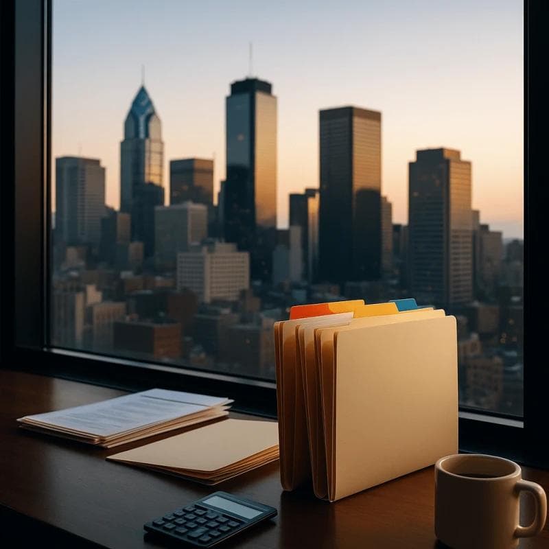City skyline through law office window symbolizing new case types in litigation finance
