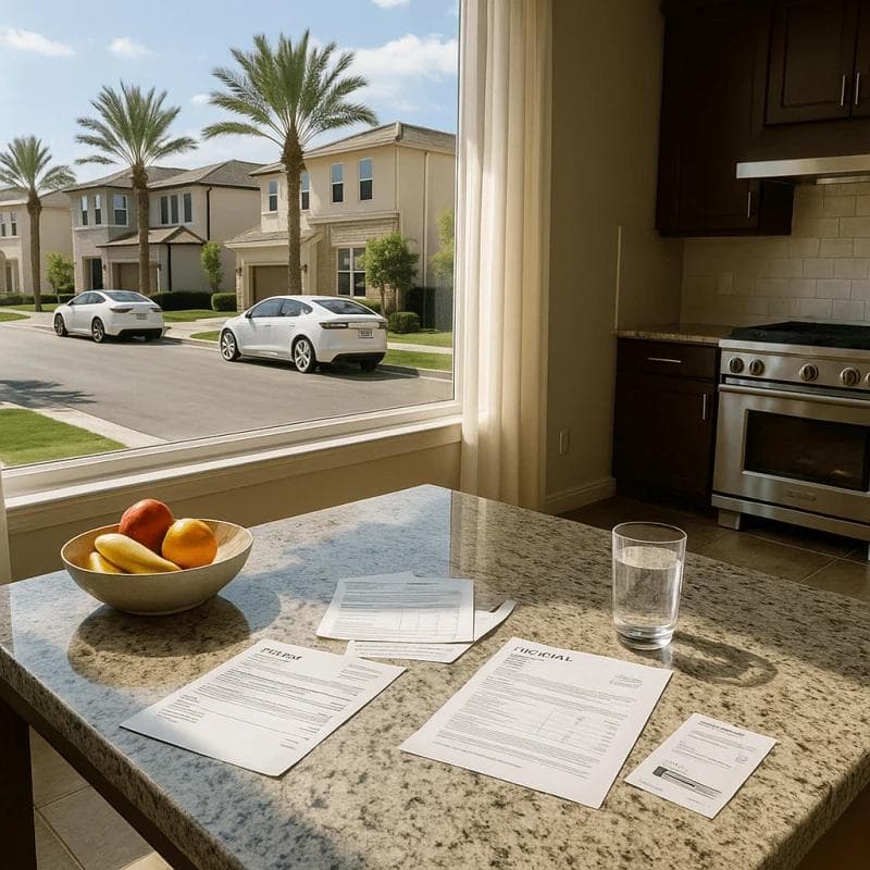 Irvine pre settlement funding scene with modern California home and financial paperwork indoors