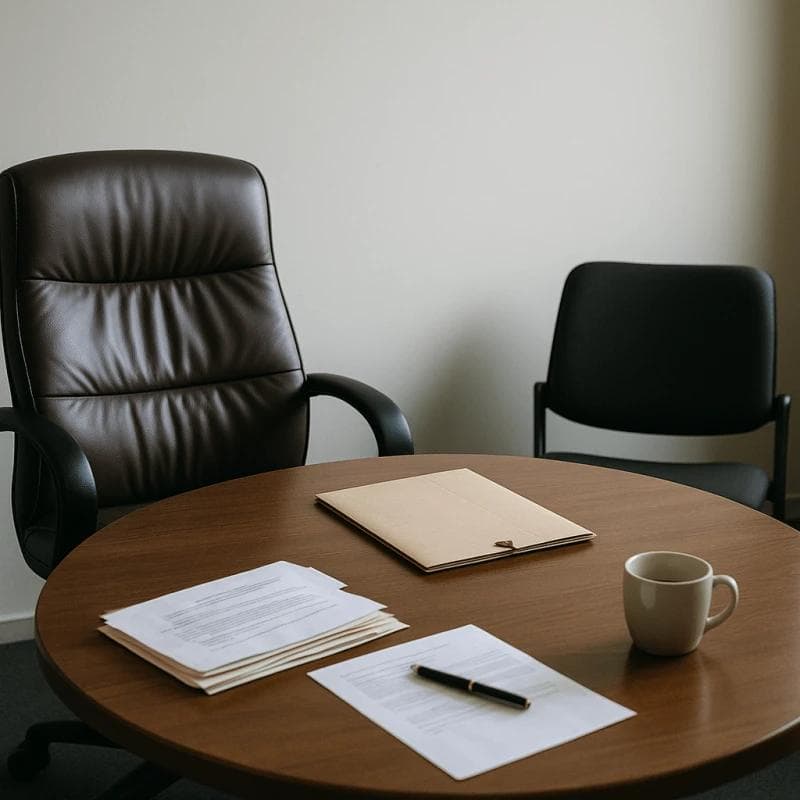 Empty chairs facing each other with legal folder symbolizing transparent attorney–client relationships in legal funding