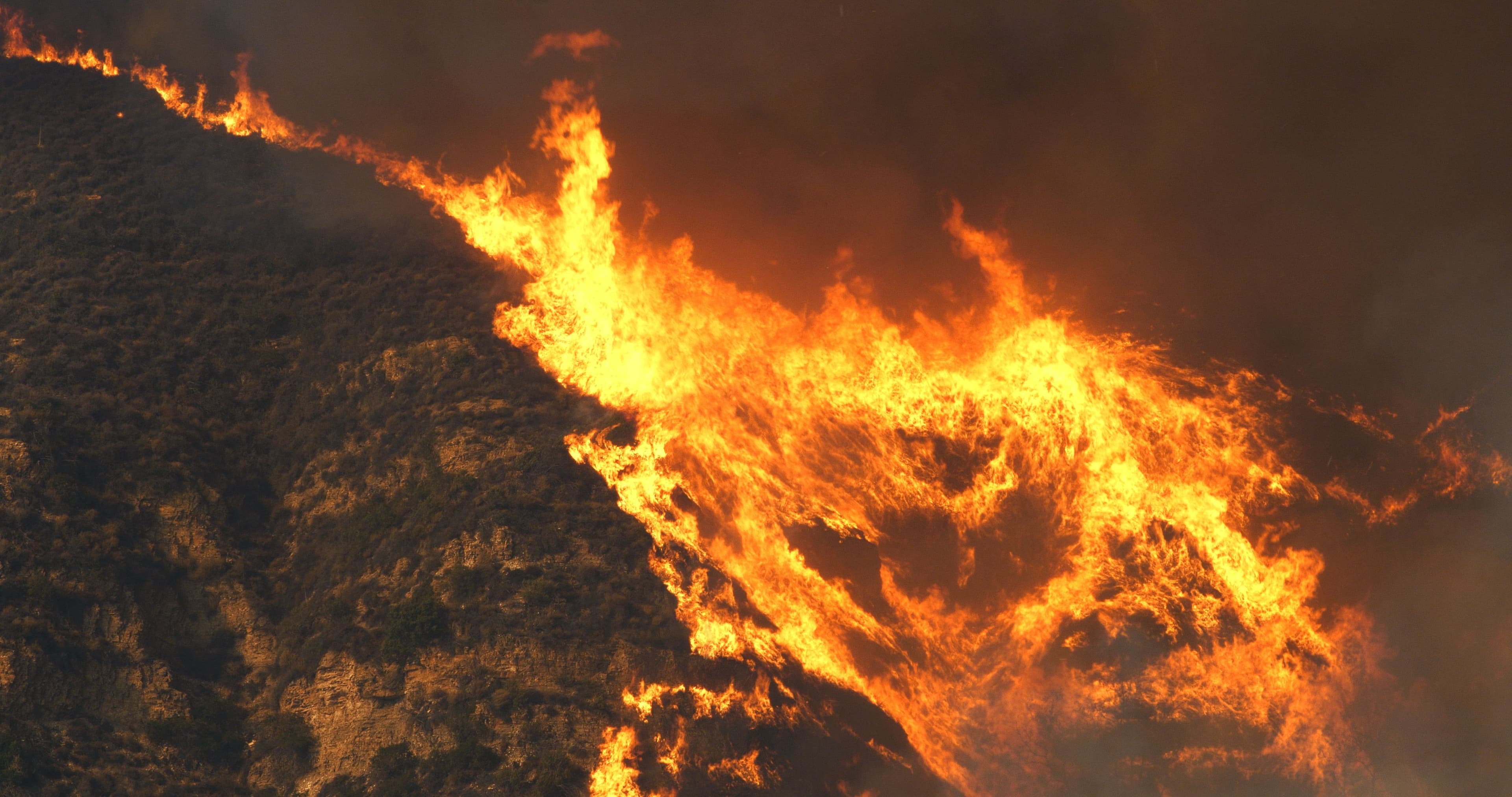 Aerial picture of a wildfire consuming a forest.