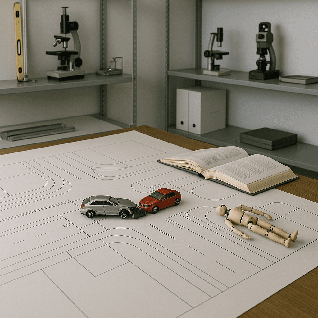 Technical workspace with accident reconstruction models and diagrams illustrating legal funding for expert-heavy litigation