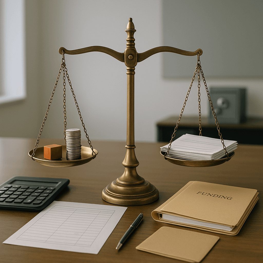 Three-way balance scale with documents and coins representing child support, tax liens, and legal funding liens
