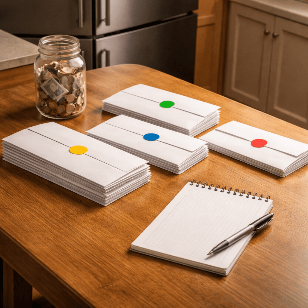 Kitchen table with sorted envelopes and coin jar symbolizing protecting a family budget after multiple legal funding advances