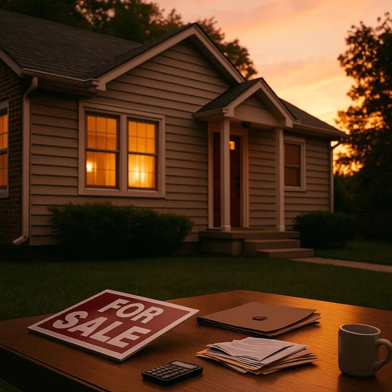 House at sunset with a turned-down for-sale sign symbolizing lawsuit funding preventing foreclosure