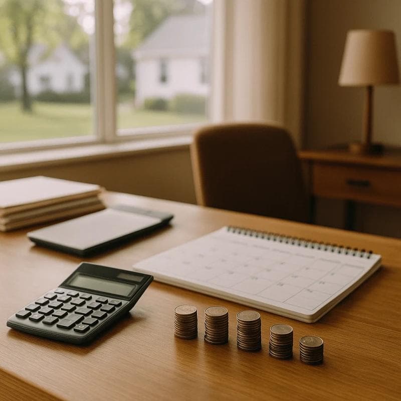 Structured settlement stability represented by coins, calculator, and calendar in a home office