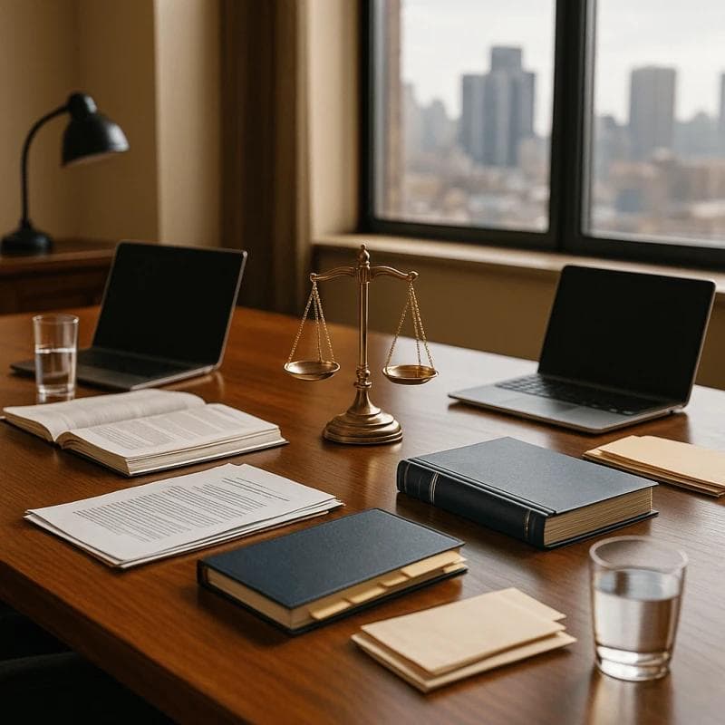 Legal conference room with laptops, case files, and justice scales depicting attorney support in lawsuit funding requests