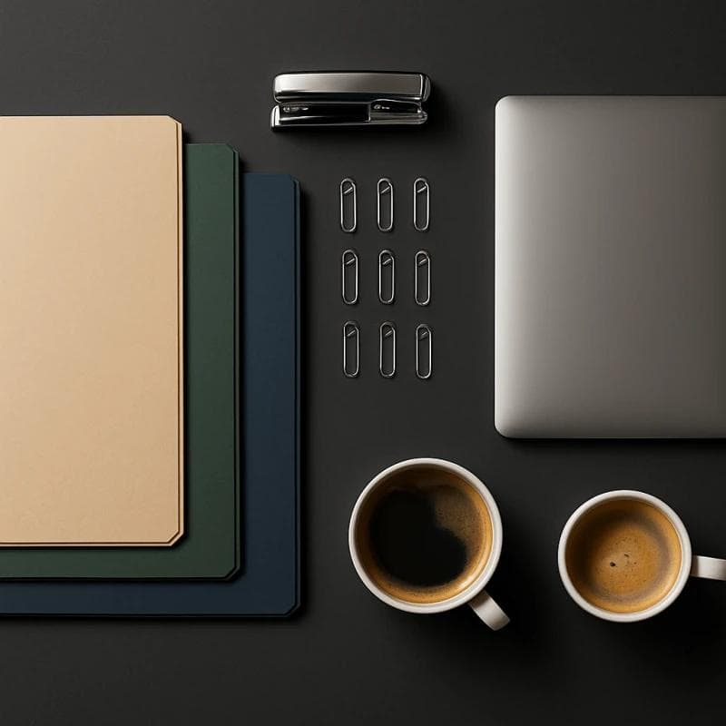 Meticulous law-office workspace. Overhead shot of color-coded folders, chrome stapler, grid-aligned paperclips, closed laptop, and crema coffee, highlighting streamlined plaintiff funding preparation