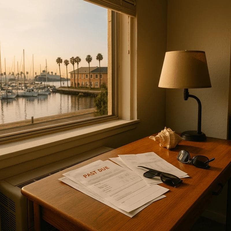 Long Beach pre settlement funding concept with marina views and household financial paperwork