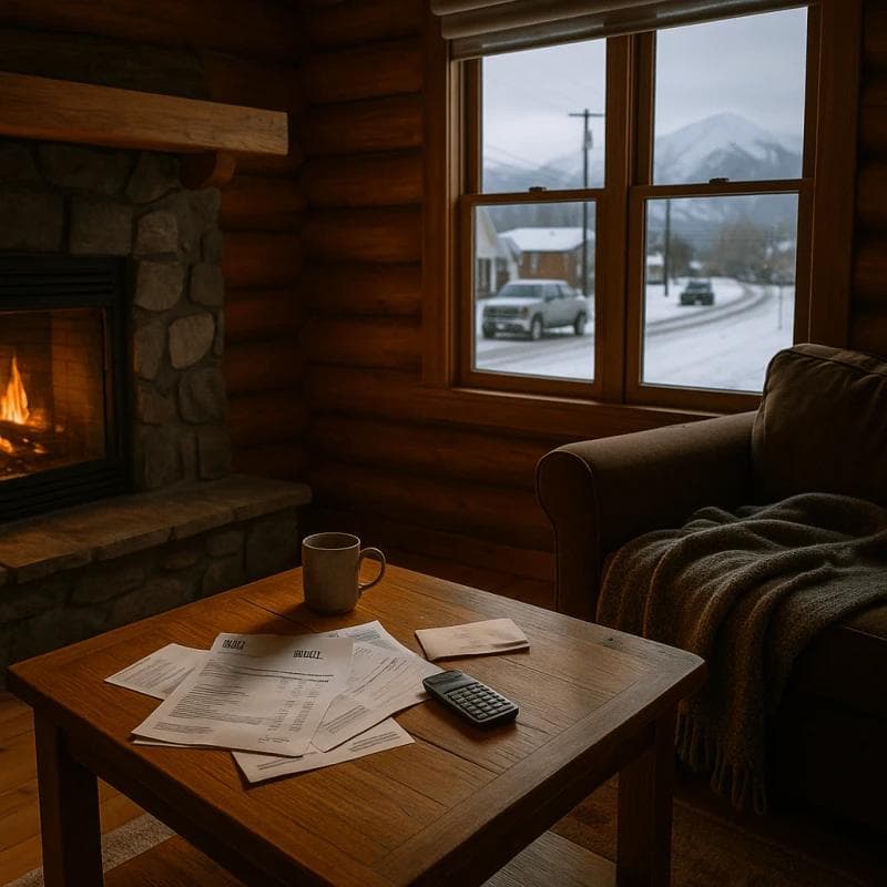 Alaska pre settlement funding depiction with winter scenery and household financial paperwork