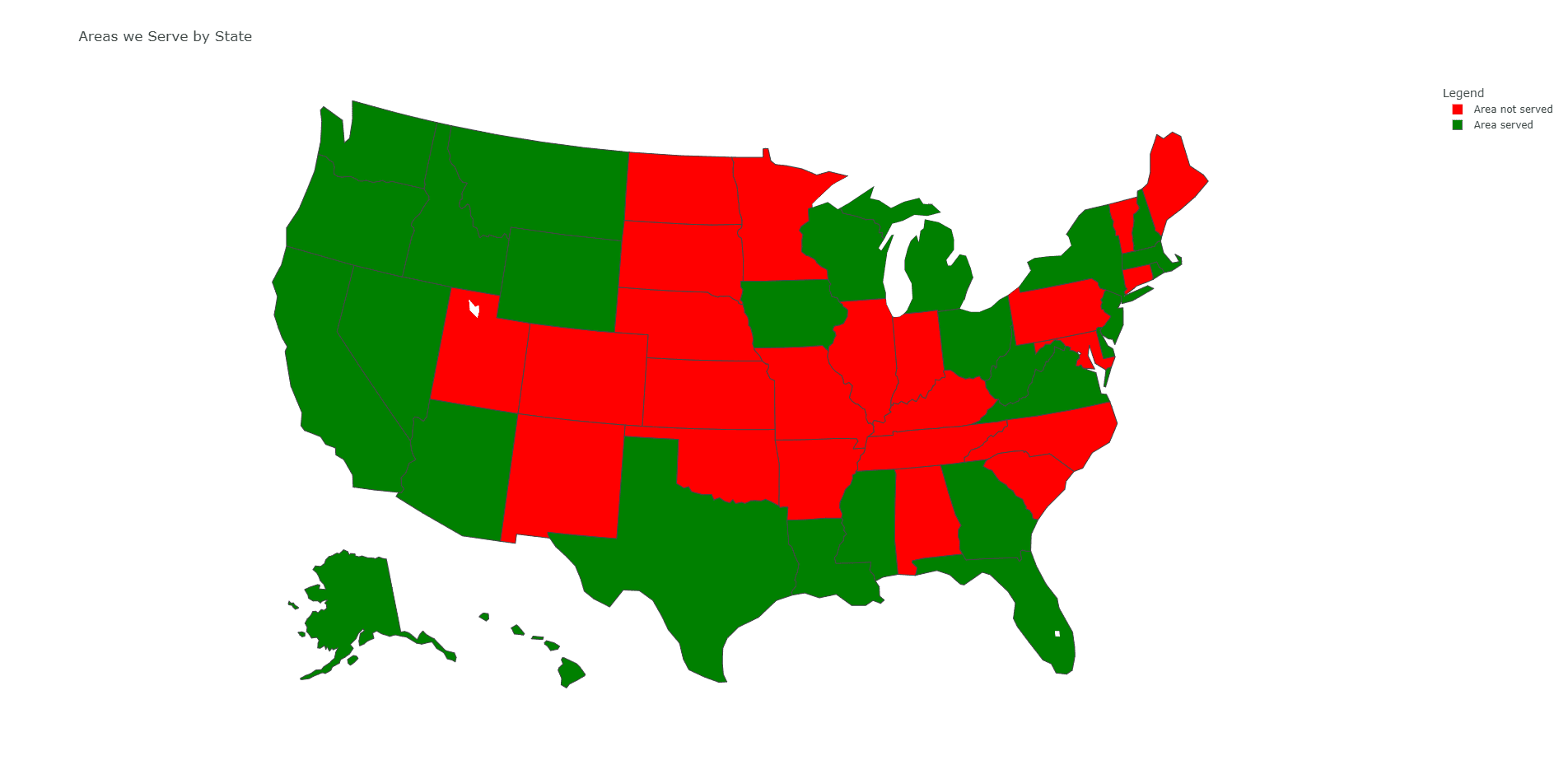 US map by state colored green in those states where Rockpoint Legal Funding provides its services and in red those where not