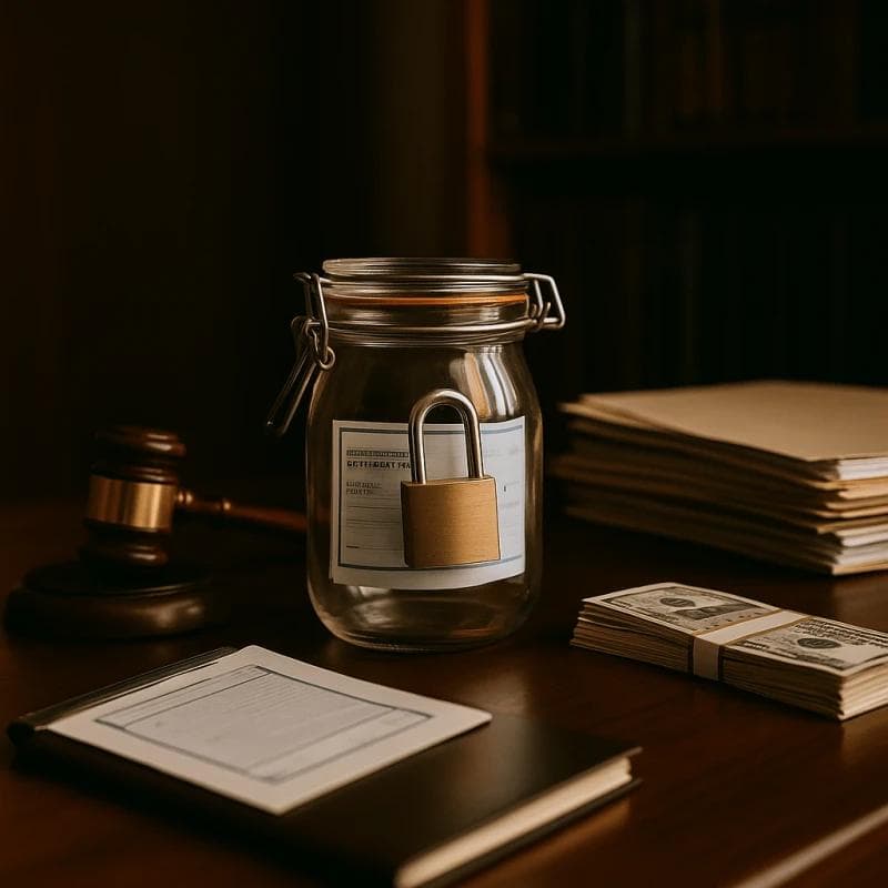 Desk with locked jar containing settlement check symbolizing lawyer check restrictions