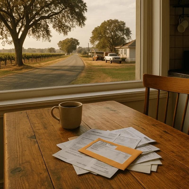 Modesto pre settlement funding depiction with rural scenery and home financial paperwork