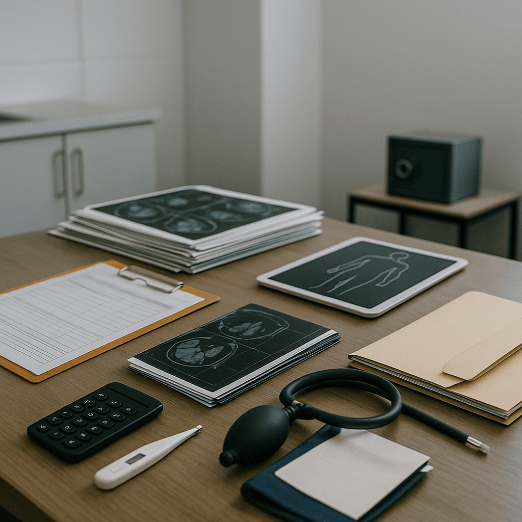 Exam room desk with medical charts, imaging, and tablet illustrating how legal funding companies analyze medical records