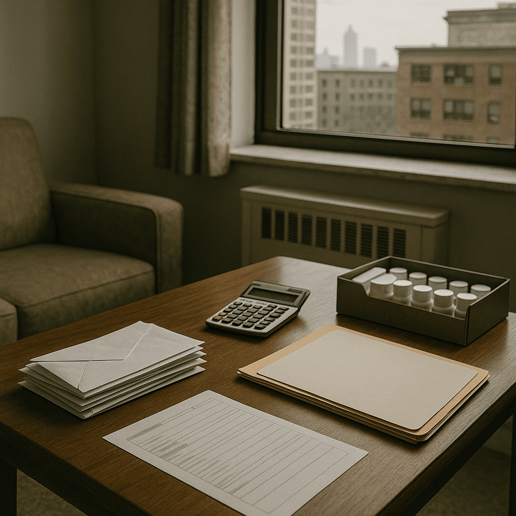 Small apartment table with envelopes, calculator, and legal folder representing legal funding for plaintiffs with prior bankruptcies