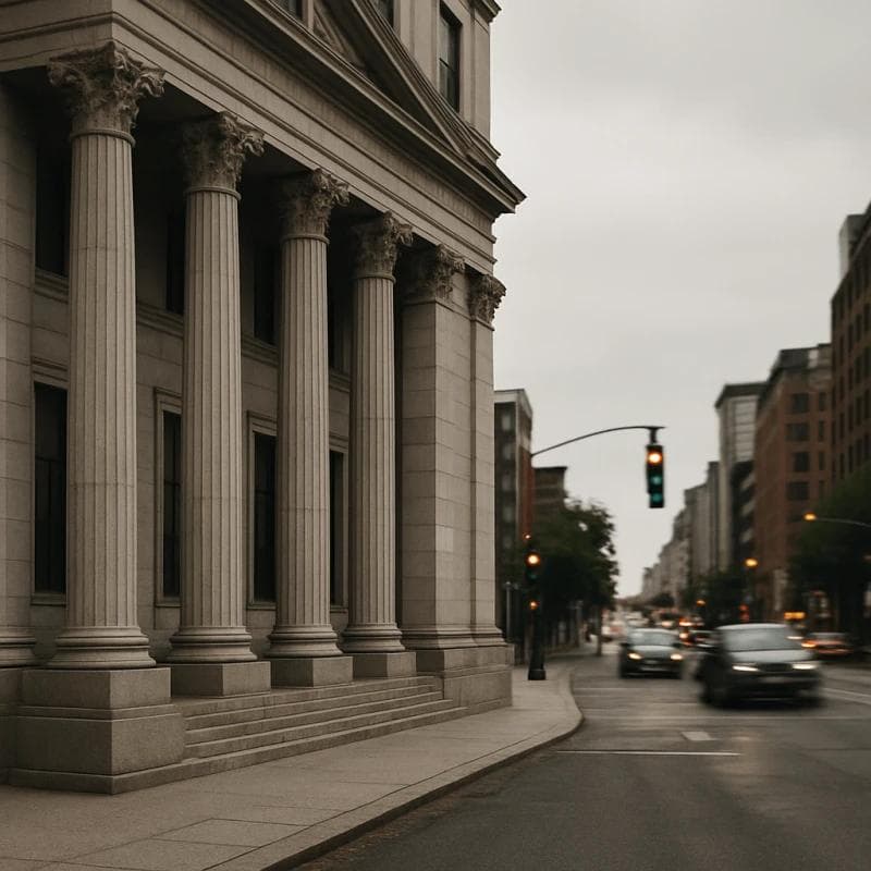Courthouse façade and city street depicting decision between settling and fighting a case