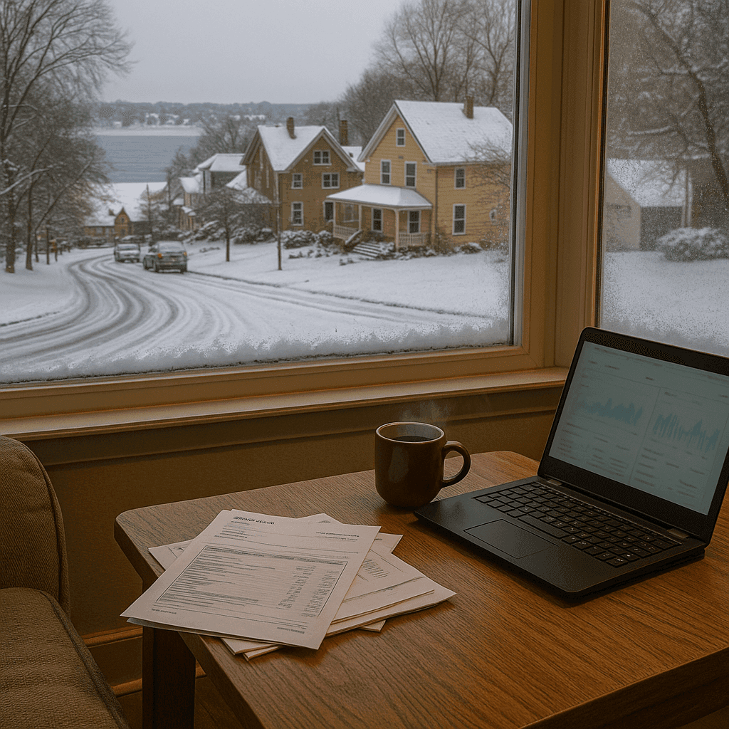 Minnesota pre settlement funding concept with winter scenery and financial paperwork indoors