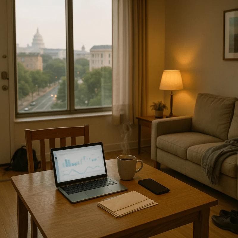 Modern apartment scene symbolizing pre settlement funding in District of Columbia, with bills and laptop on table representing financial relief during a claim