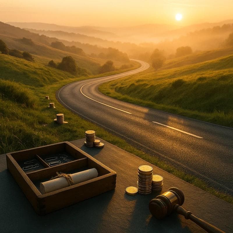 Sunrise funding roadmap image. Aerial view of winding asphalt road through misty green hills lined with shimmering coin stacks, representing a beginner’s journey through lawsuit settlement funding