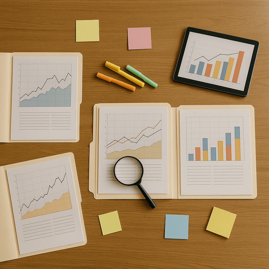 Desk with charts, folders, and magnifying glass illustrating how underwriters evaluate credibility and damages for legal funding