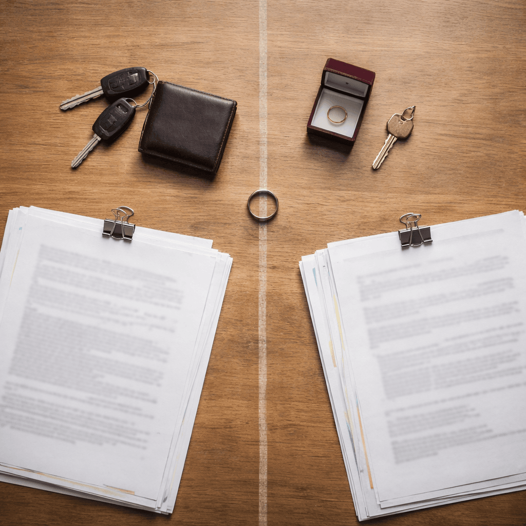 Divided household items and documents on a table representing legal funding, divorce, and community property