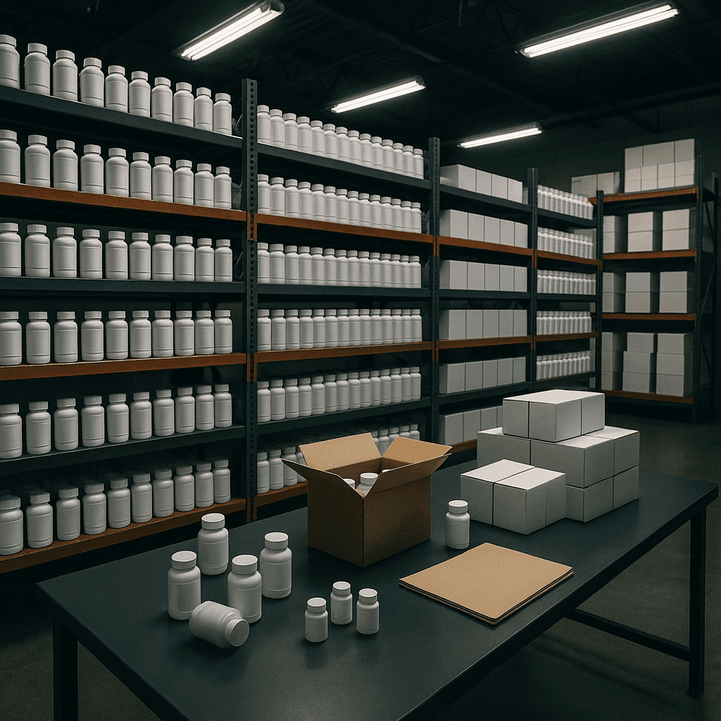 Warehouse shelves full of identical products and files symbolizing legal funding in mass tort bellwether trials