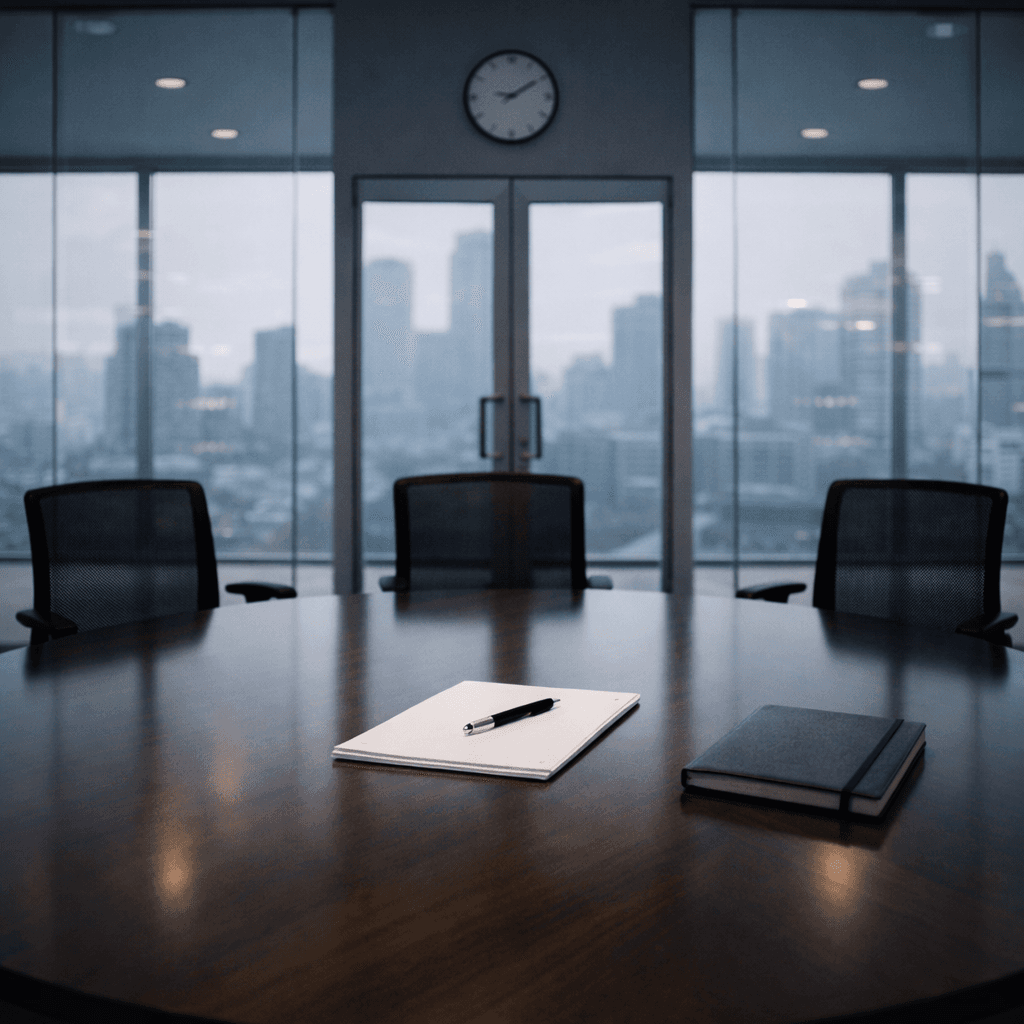 Empty conference room with round table and blank notepad representing legal funding for arbitration instead of court