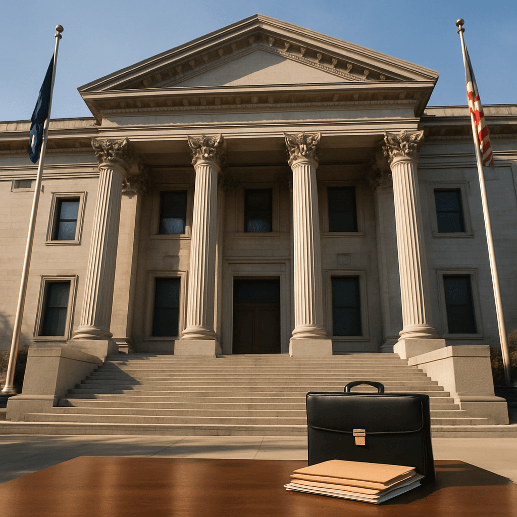 Grand government building entrance with briefcase and folders symbolizing legal funding in claims against government defendants