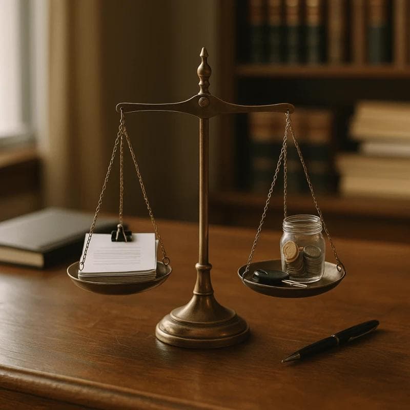 Balanced scales on lawyer’s desk symbolizing lowest-cost legal funding versus quality service and fair risk sharing