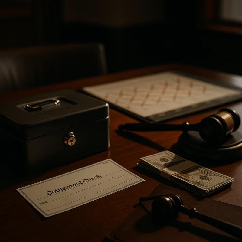 Office desk with check and cash box symbolizing delays in settlement check release