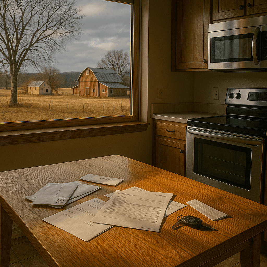 Wisconsin Pre-Settlement Funding depiction with rural scenery and household financial documents