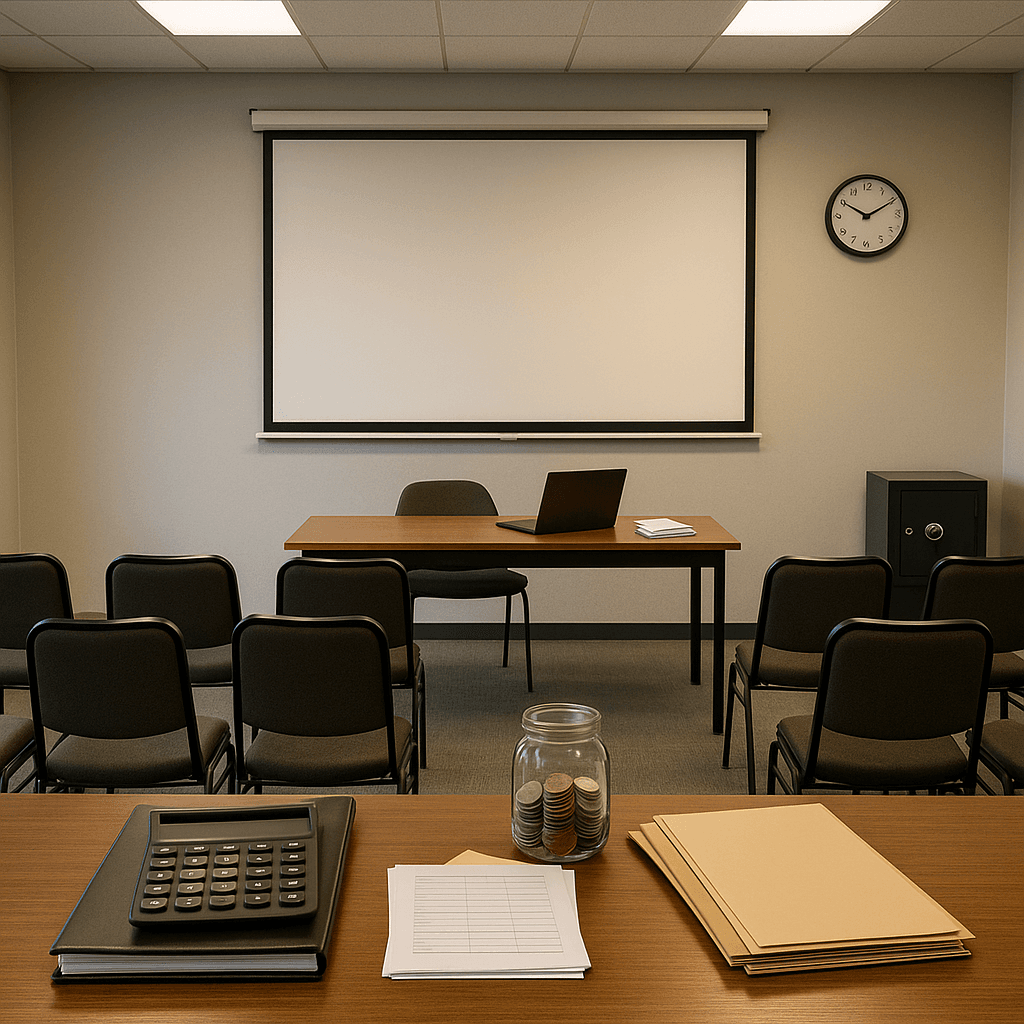 Law firm training room with a blank presentation screen symbolizing communication protocols around client funding