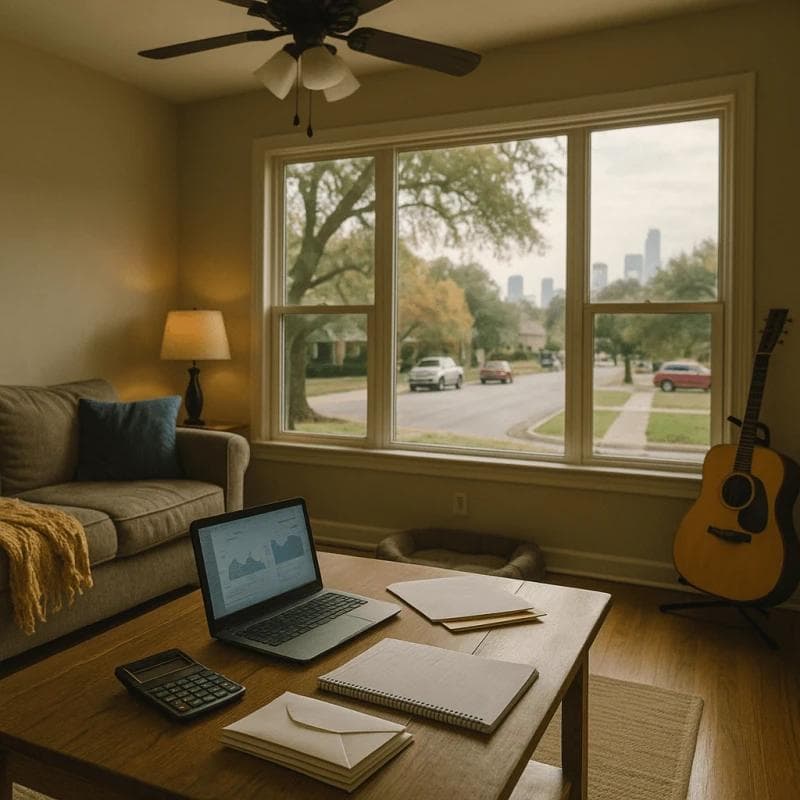Austin living room with scattered bills symbolizing pre settlement funding in Austin supporting injured residents with everyday expenses