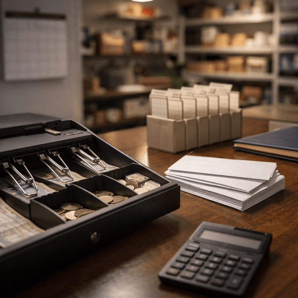 Small business back office with pay envelopes and cash register representing legal funding for injured small-business owners facing payroll pressure