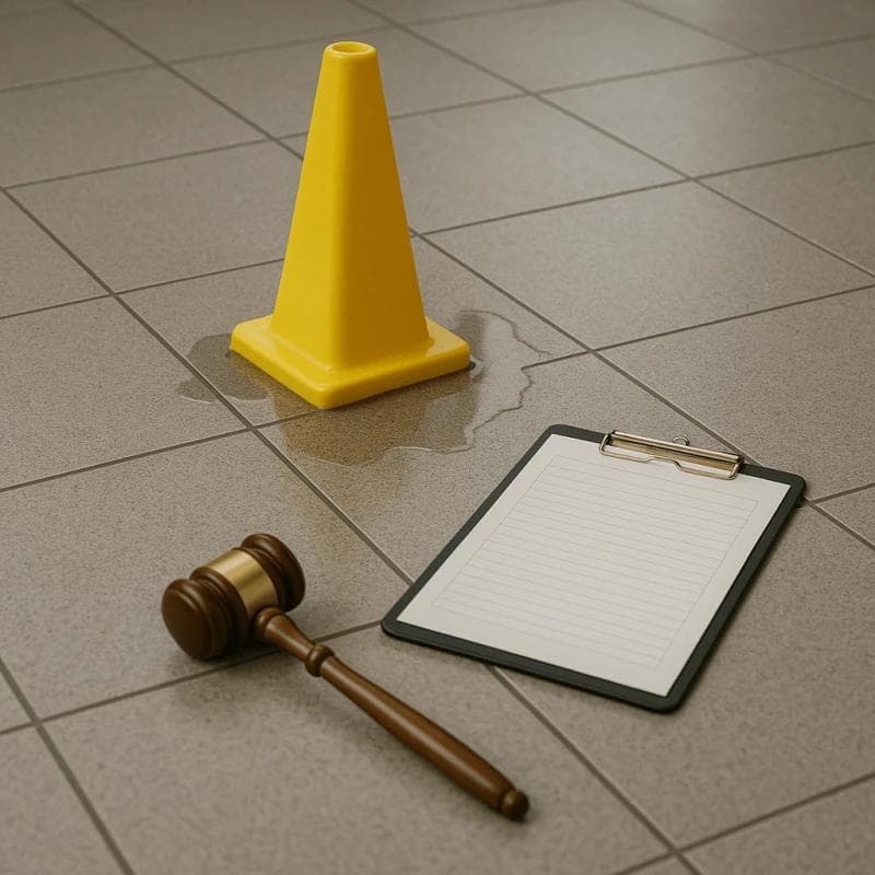 Caution cone, clipboard, and gavel on tile. Slip and fall legal funding risk scene